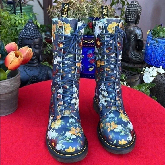 Dr. Martens Slate Gray Blue Floral Tall 14 Eye Lace Up Darcy Boots - Picture 5 of 11